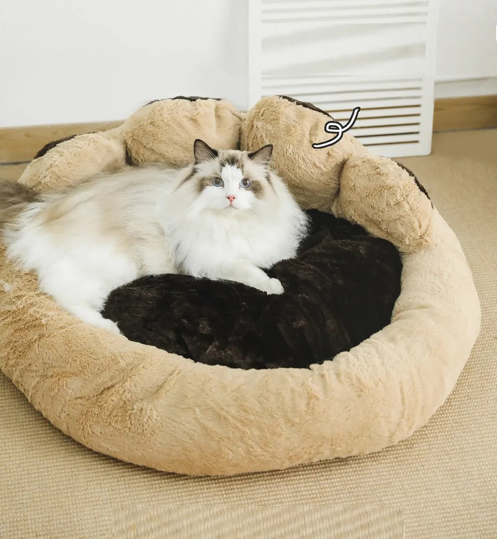 Bear's paw nest pet mat in milk tea colour, PV fleece and PP cotton, sizes M and S