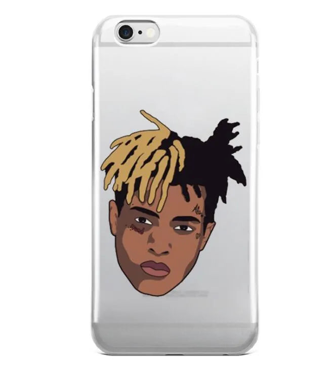 Matte transparent iPhone case with XXXTentacion pattern, showing half-wrapped design on an iPhone.