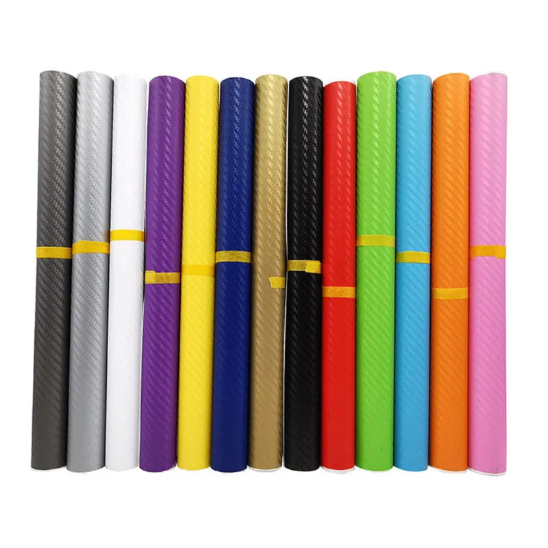 3D carbon fibre sticker roll for car decoration in multiple colours showing textured pattern