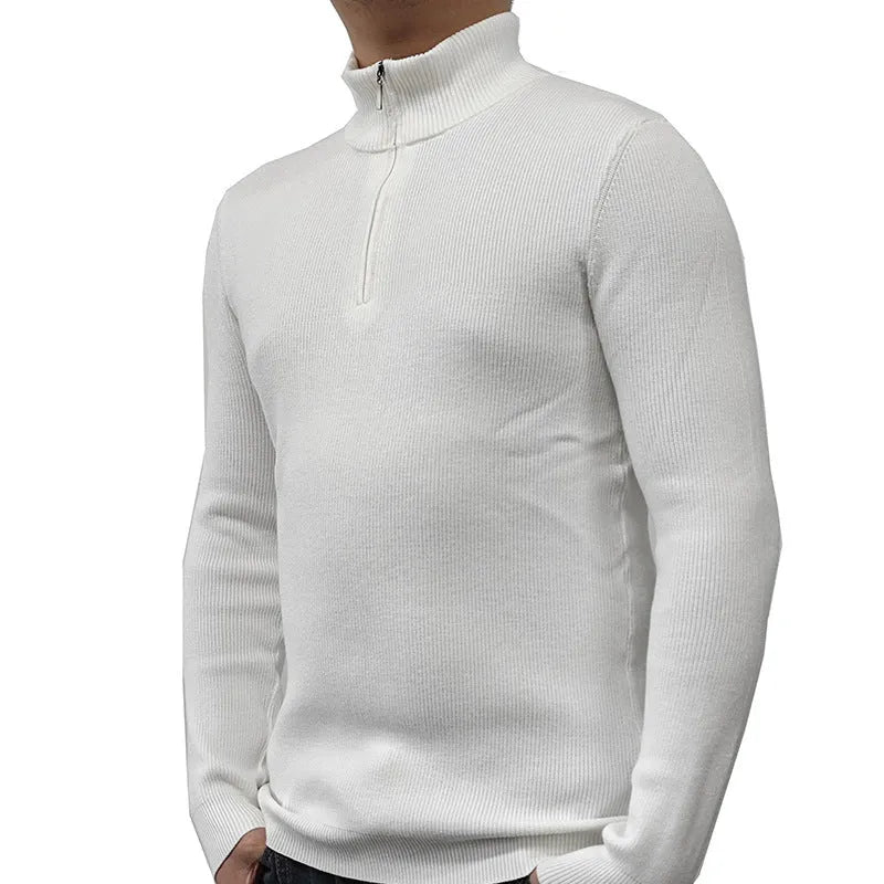 A man's grey half-turtleneck zip-up sweater with long sleeves, shown on a hanger.