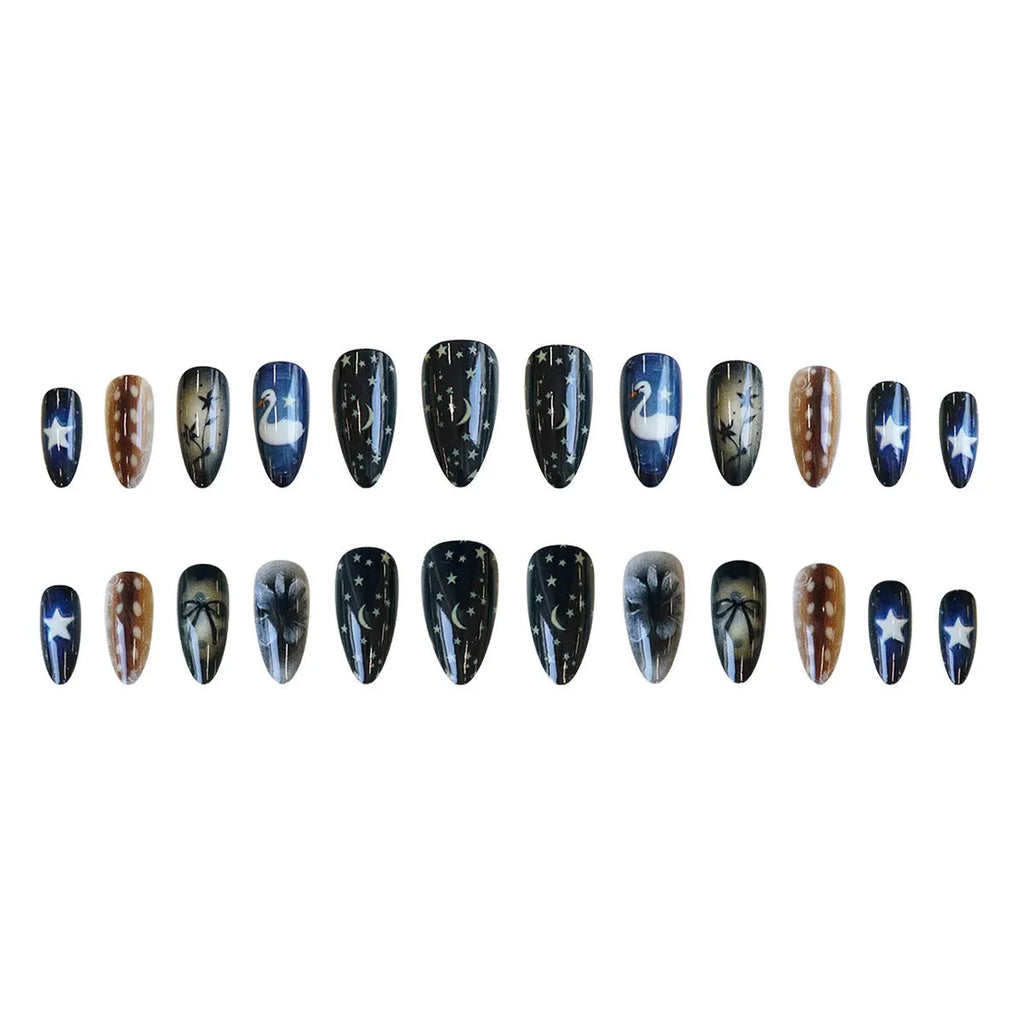French-style false nail tips with Star Moon Swan design, cartoon flower bow and starry sky motifs, glue-on set for ladies