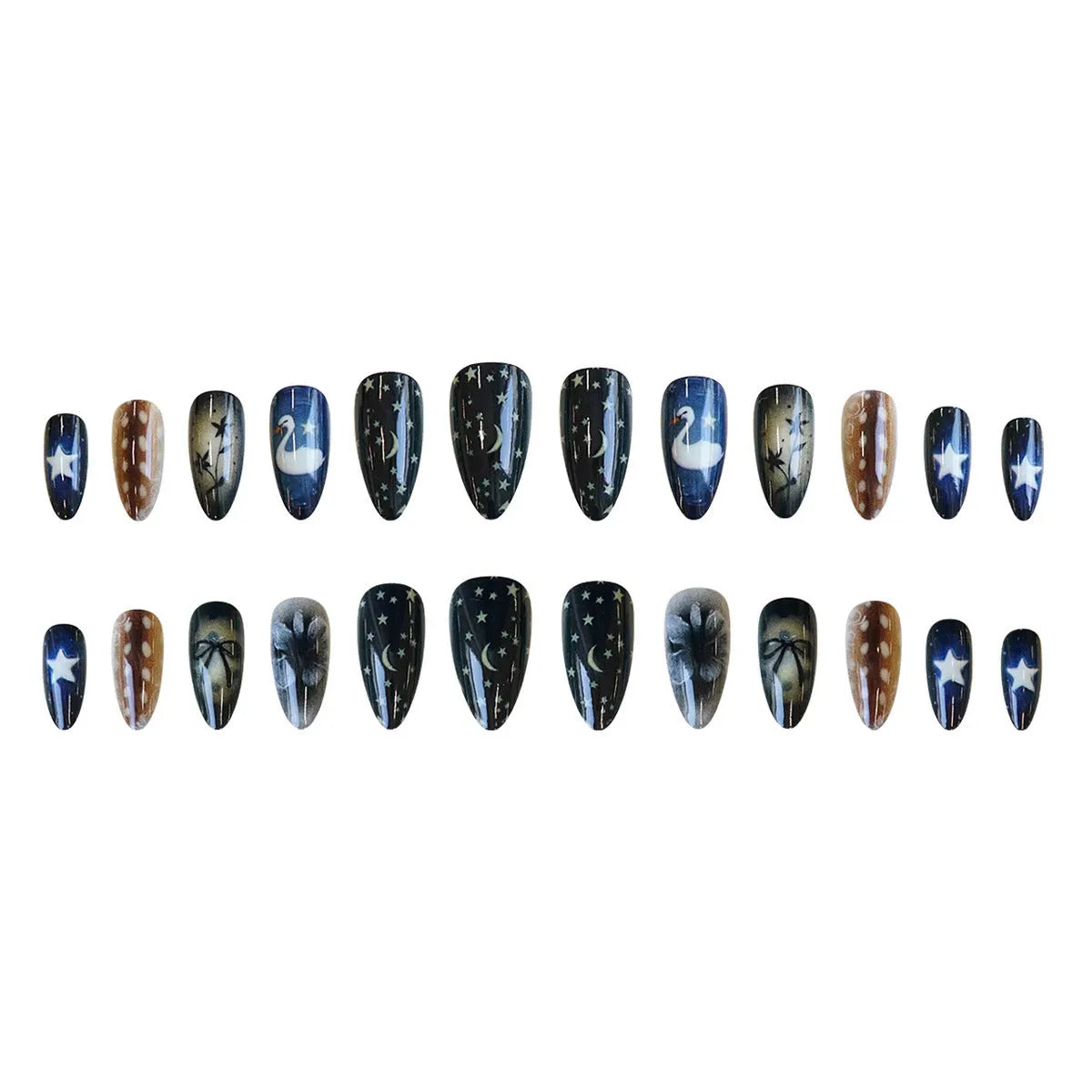 French-style false nail tips with Star Moon Swan design, cartoon flower bow and starry sky motifs, glue-on set for ladies