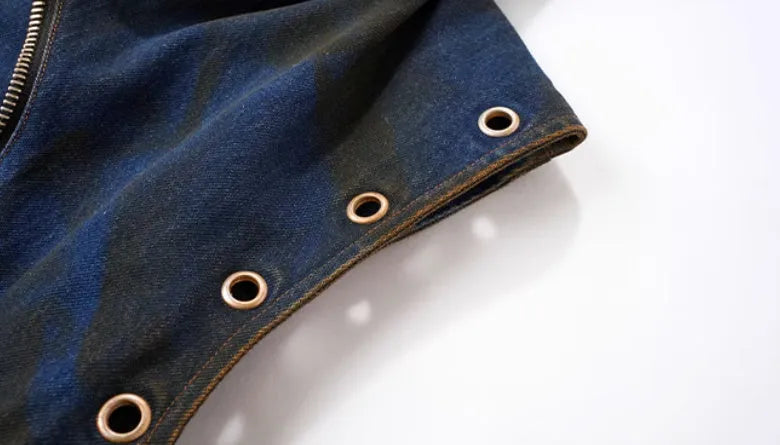 Blue hooded denim vest and matching trousers co-ord set with zip front closure