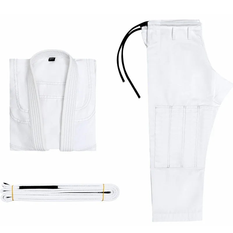 Brazilian jiu-jitsu gi uniform set in cotton blend fabric, showing top and trousers in a choice of colours.