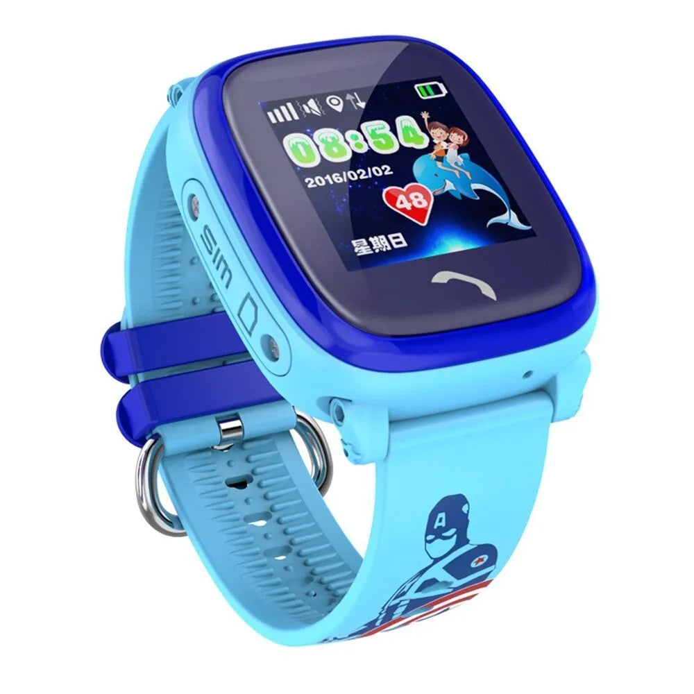 Blue DF25 children's waterproof smart watch with touch screen on a silicone wristband.