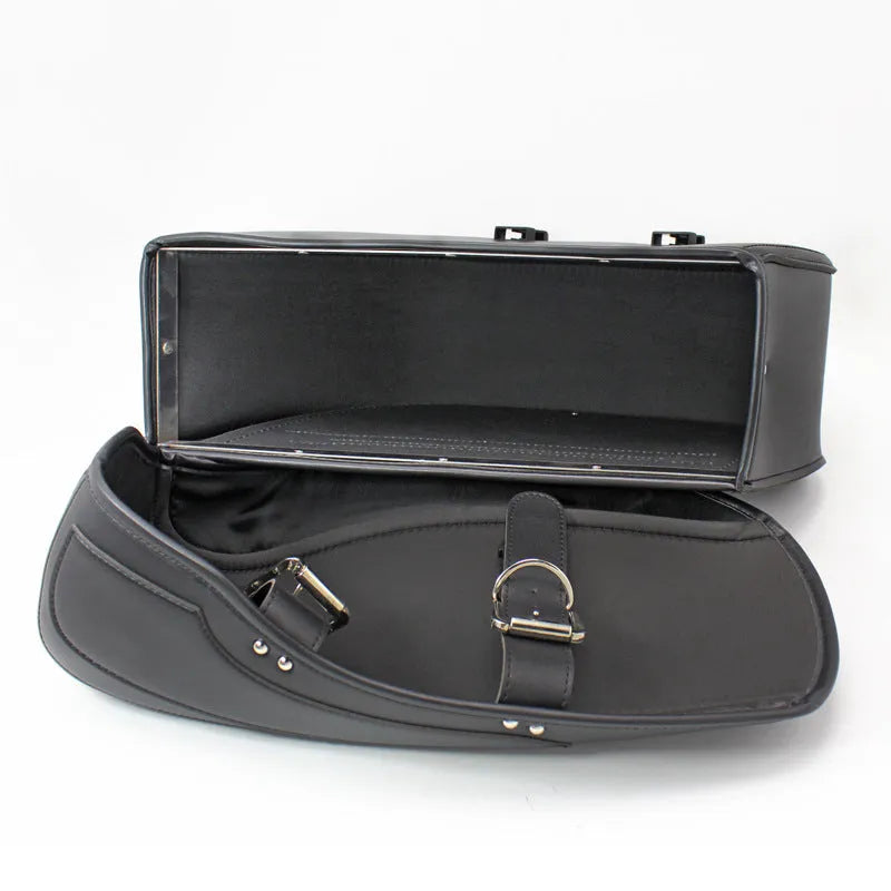 Black retro-style PU leather motorcycle side box saddlebag mounted on a bike.