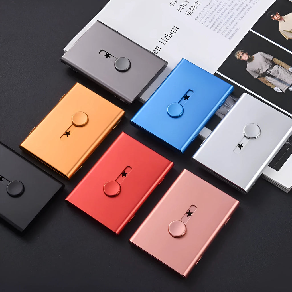 Hand push aluminium card case 93x65x12mm with six layers and RFID protection, shown in black