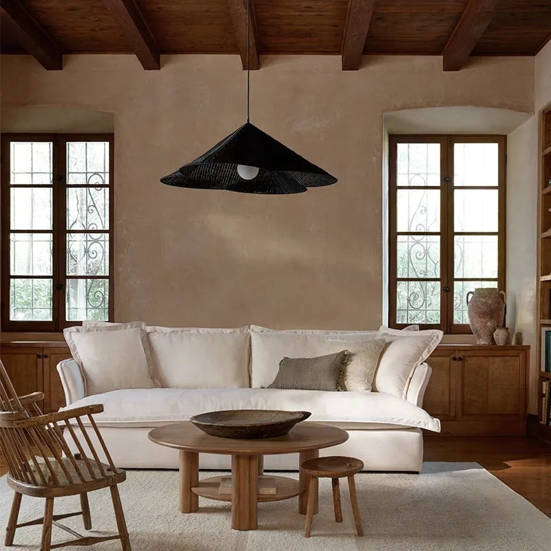 Natural rattan woven pendant ceiling lamp in Zen style, shown in 50cm, 60cm, and 80cm diameter options.