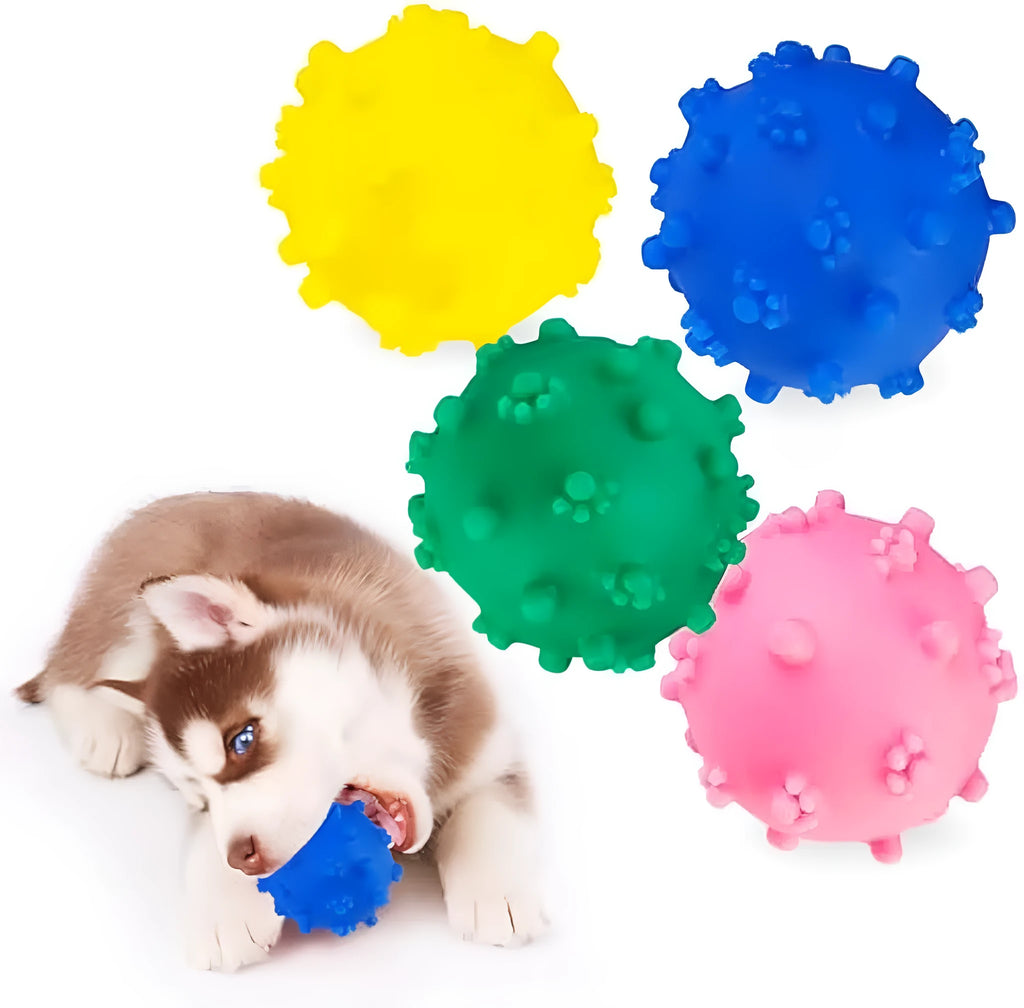 Four bright spiked squeaky dog balls in blue, green, pink, and yellow for small breed puppies.