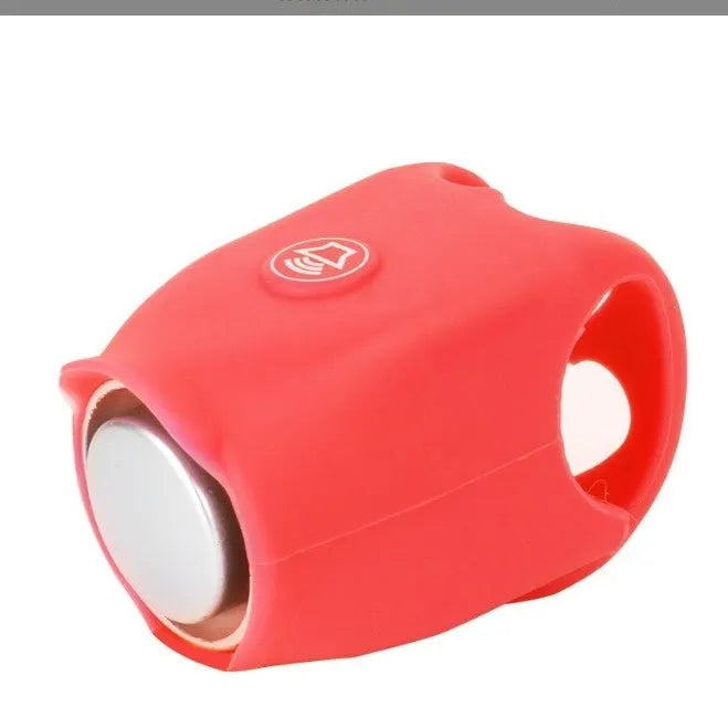 Bicycle electronic horn in plastic body with black colour, showing fixture and fitting for handlebar mounting