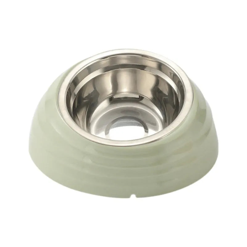 Stainless steel cat bowl with coloured plastic base in choice of light green, beige or brown