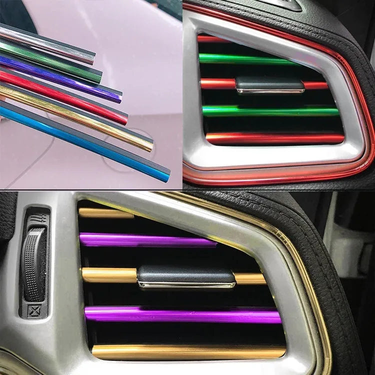 Ten PVC car air conditioning outlet trim clips in assorted colours on a dark dashboard