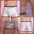 Man's shiny silky nylon boxer briefs in black, white, and sapphire blue colours laid flat.