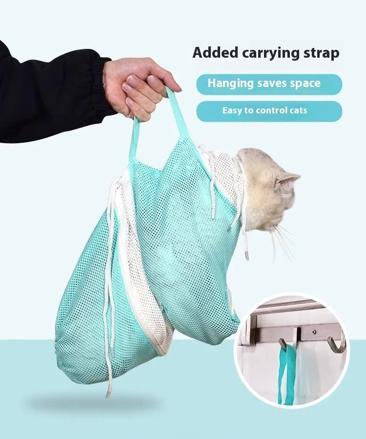 Fifth-generation cat grooming bag in grey and white colour with detachable design for nail trimming