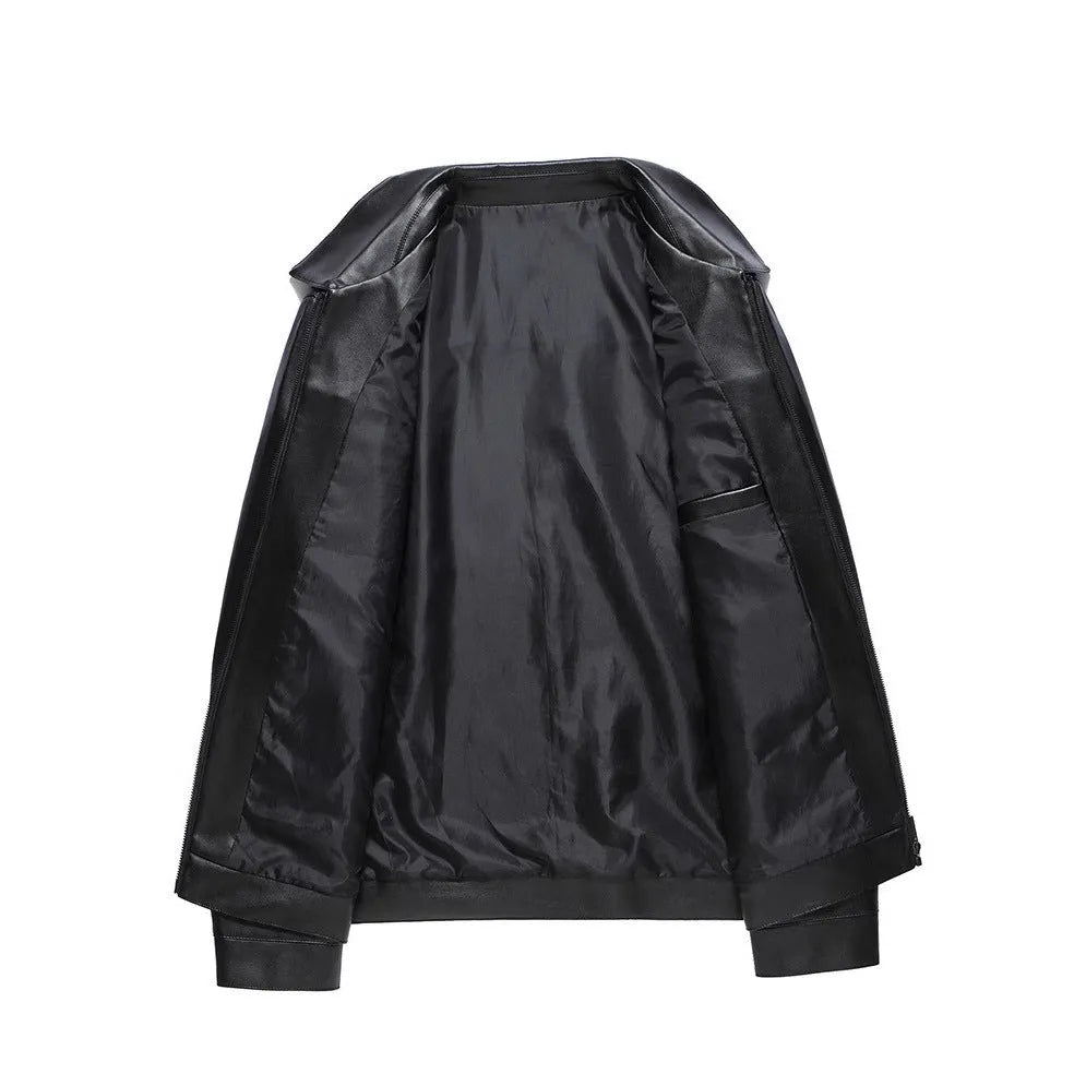 Black PU leather jacket with turn-down collar, patch pockets, and straight hem for spring and autumn business wear