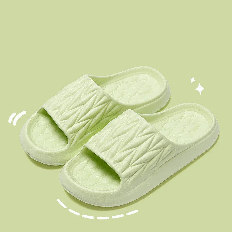 Leaf texture design EVA household slippers in various colours on a non-slip sole.