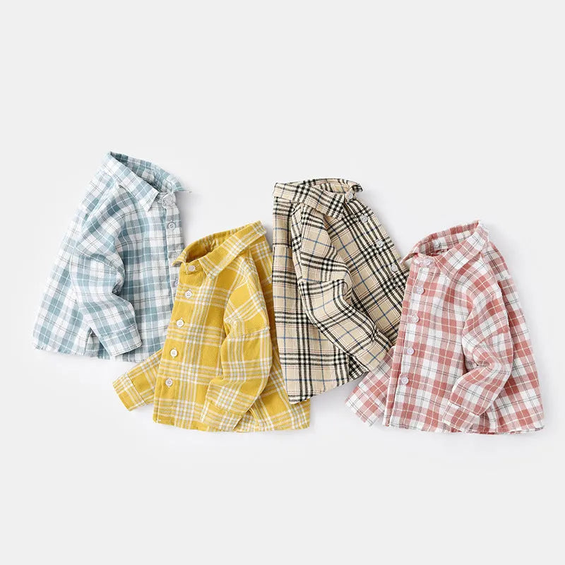 Boys' casual cotton long sleeve lattice shirt in khaki, light blue, pink, or yellow with animal cartoon pattern.