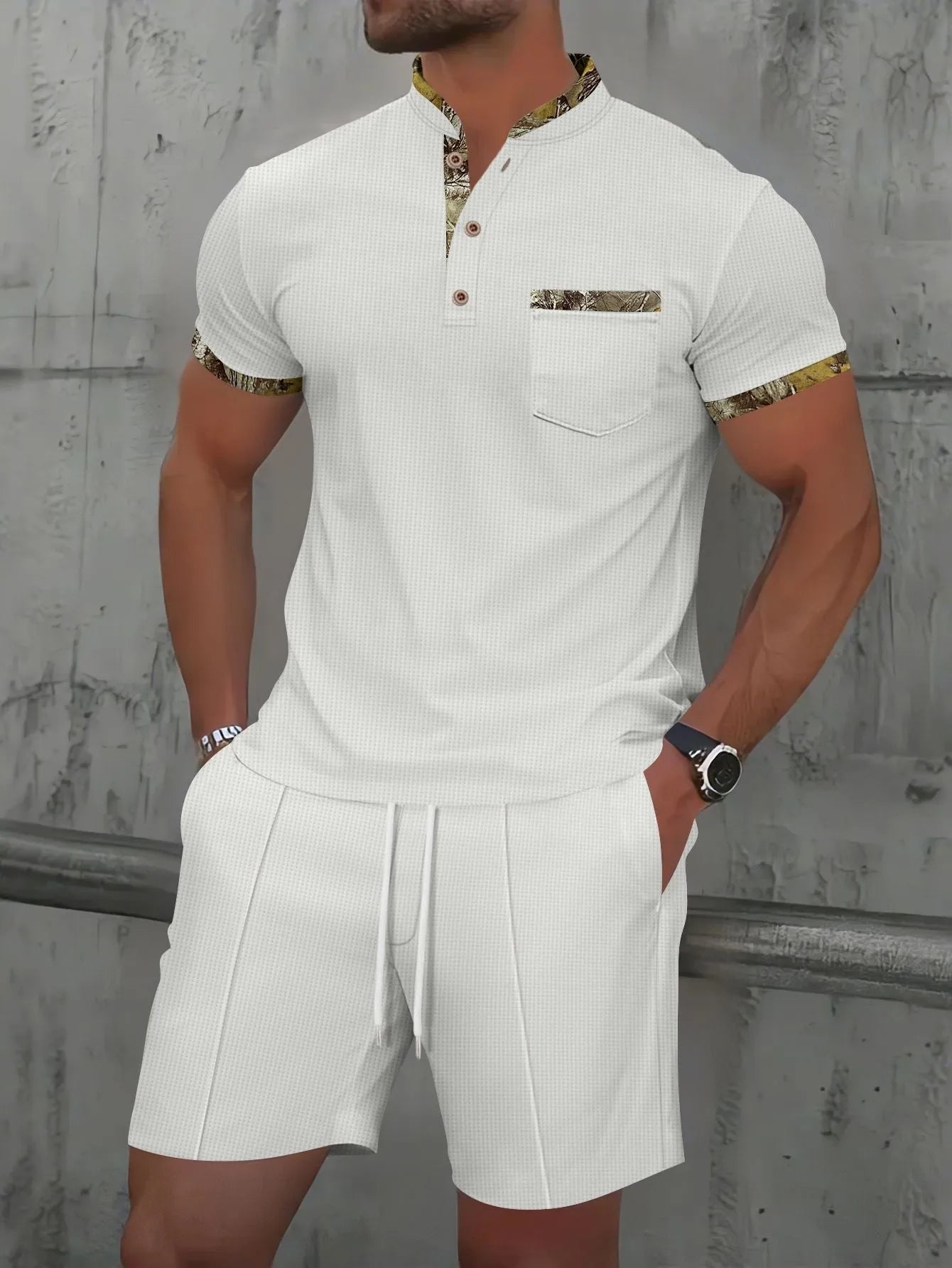 Men's grey waffle texture short sleeve zip-up polo suit with matching shorts laid flat.