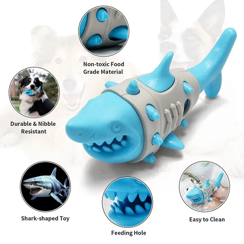 Blue rubber dog chew toy with shark-tooth texture and venting channels for teething puppies