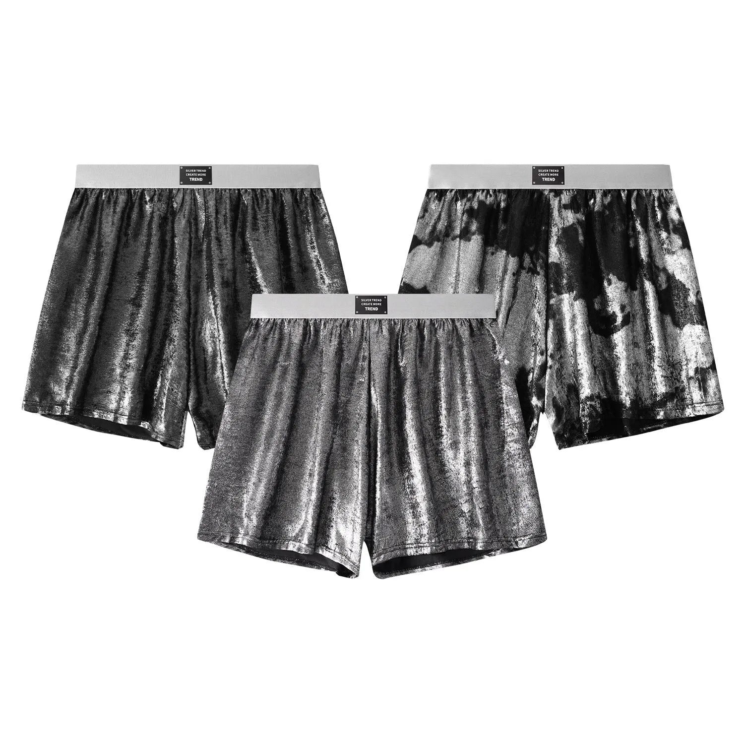 Men's casual woven underwear in reflective silver with mid-waist design for sports activities