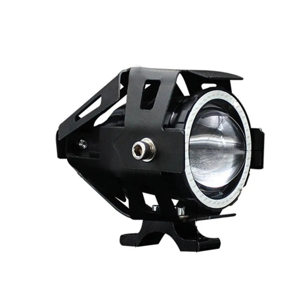 Black plastic motorcycle LED spotlight with 125W power and 50m range, 12x8cm size