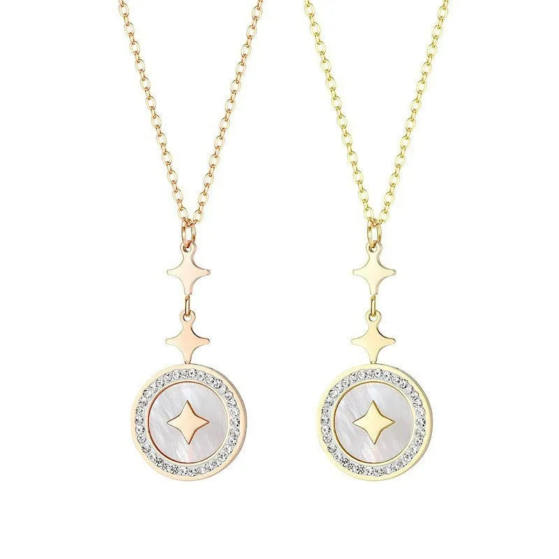 Gold hexagonal star pendant on a titanium steel chain necklace for women with an extender.
