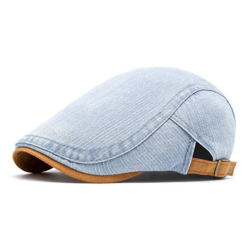 Men's washed-out denim contrast colour beret with flat-top crown and adjustable cotton fit