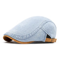 Men's washed-out denim contrast colour beret with flat-top crown and adjustable cotton fit