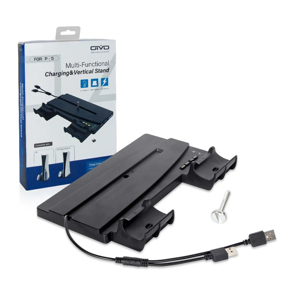 PS5 multi-function charger stand in black material with USB interface for console and controller