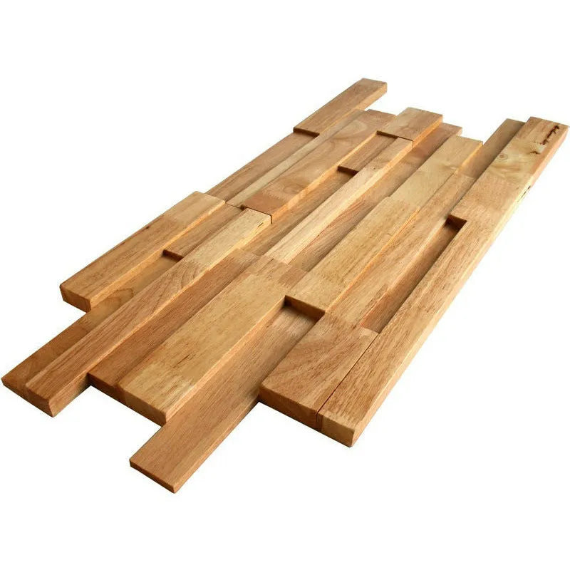 Retro 3D solid wood mosaic patch wall panel in natural wood finish showing stereo background texture
