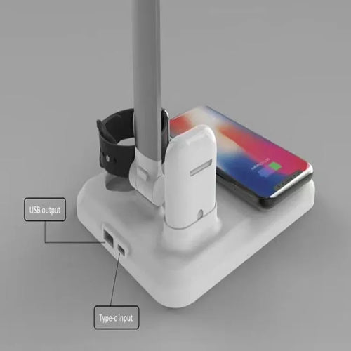 Black and white 4-in-1 LED desk lamp with integrated wireless charging pad and TYPE-C port.