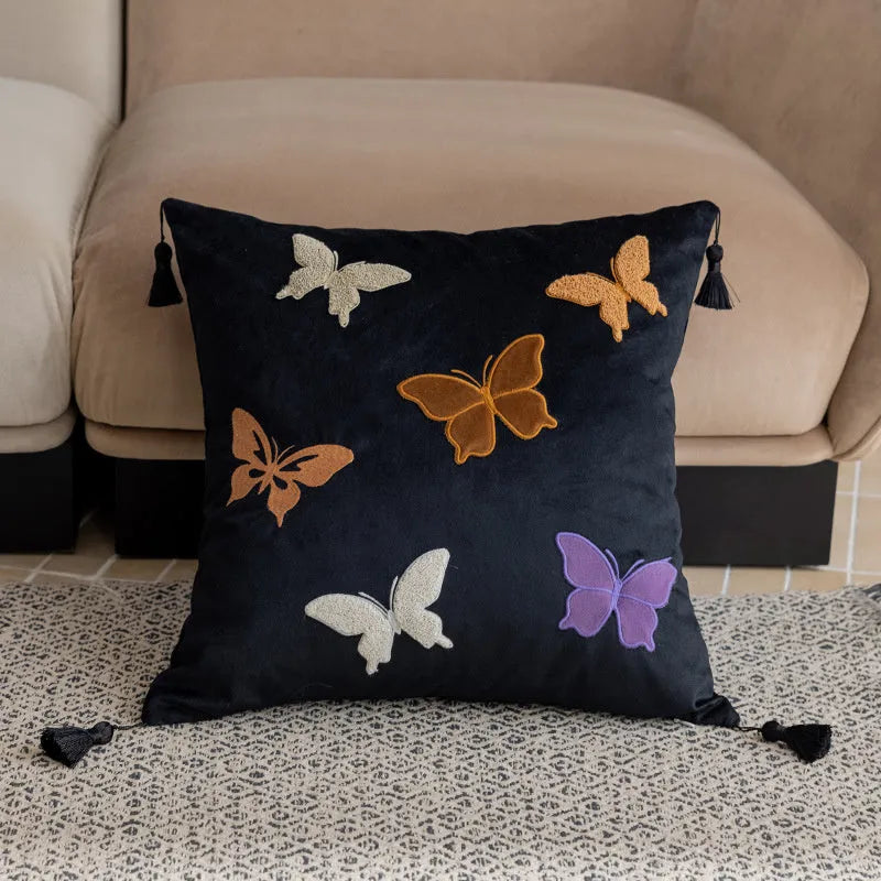 Square beige cushion with intricate Chinese style butterfly embroidery, 45cm in size.