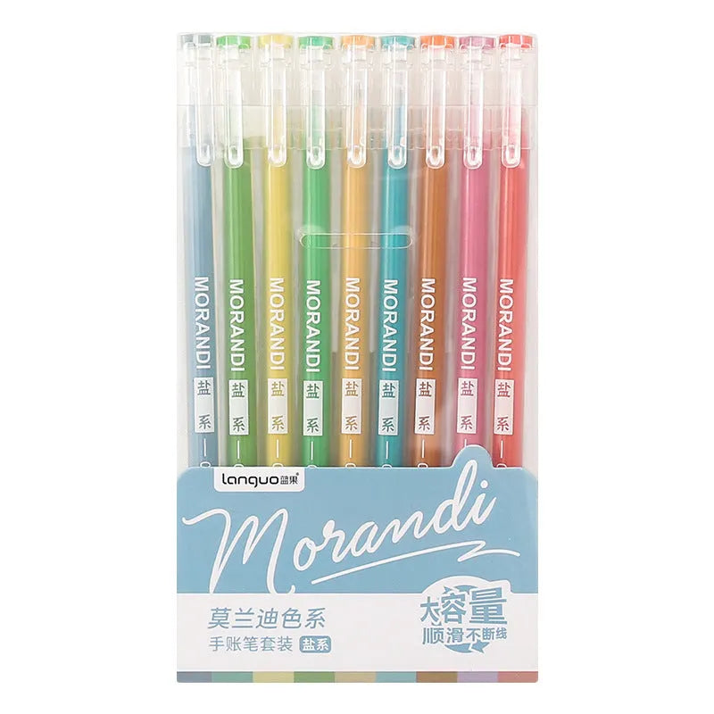 Set of nine solid colour gel pens with 0.5mm needle tips, packaged in a compact box.