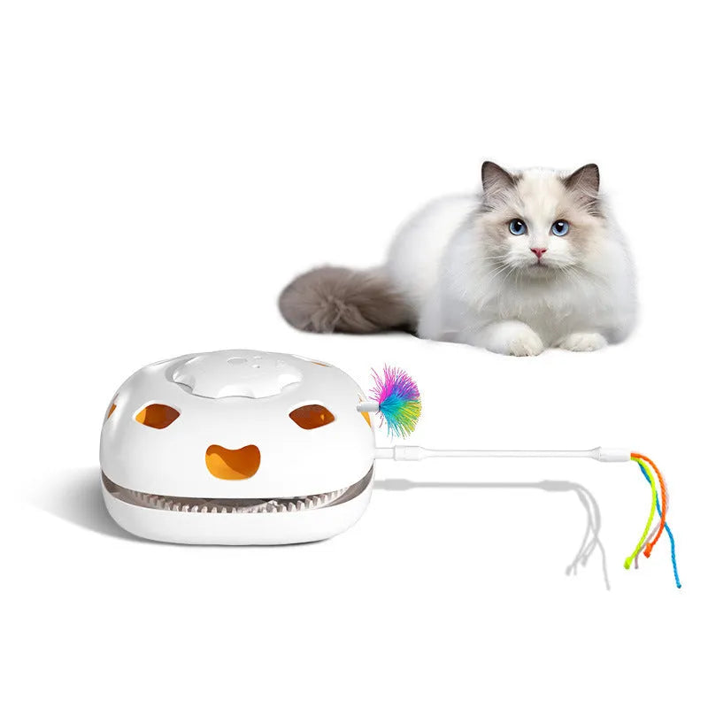 Automatic cat teaser toy with moving wand in picture colour design, measuring 19.8x11.5x19.5cm