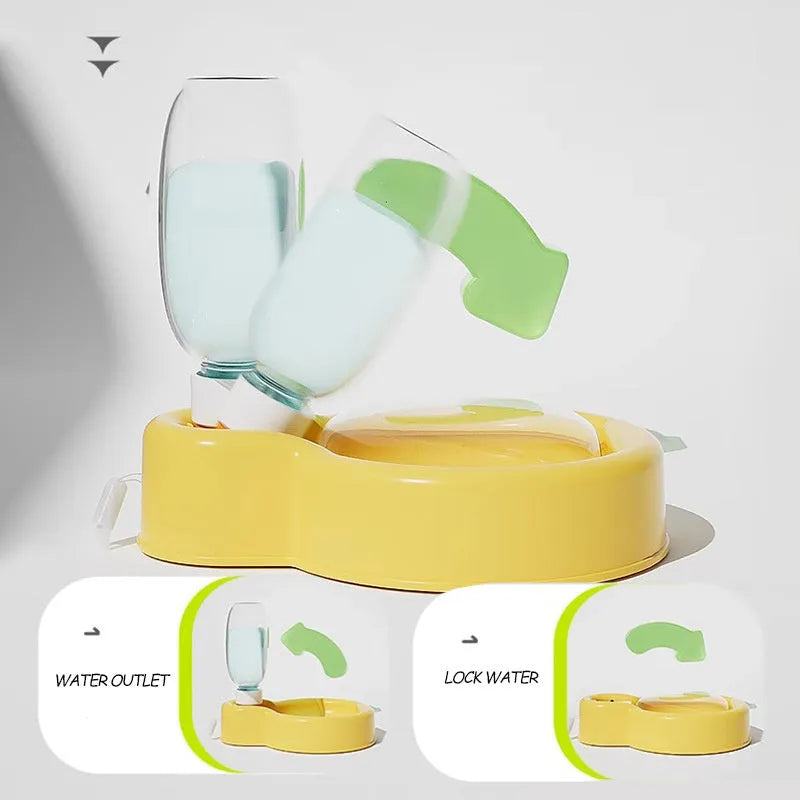 Green portable dog travel water bottle with pull-out bowl, shown with dimensions.