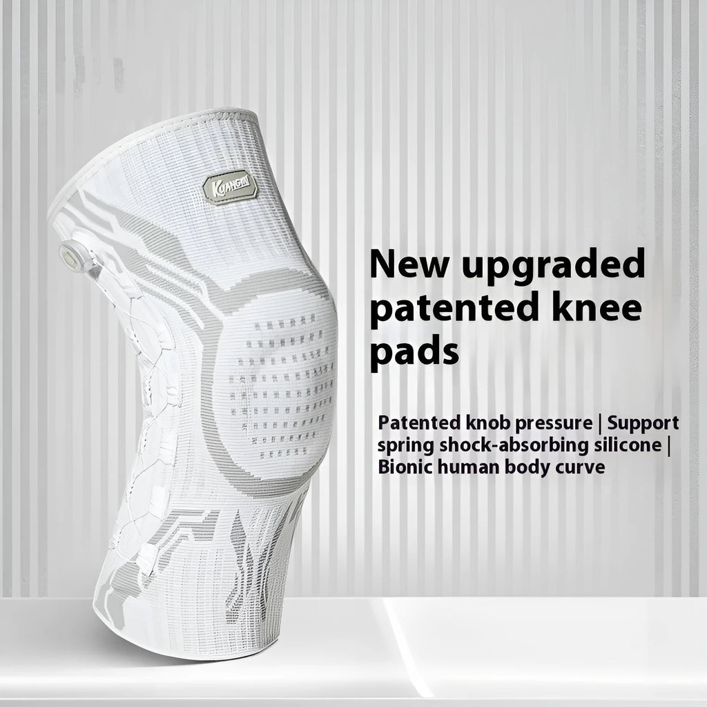 Pair of grey and white professional sports knee pads for basketball, football, running, badminton.