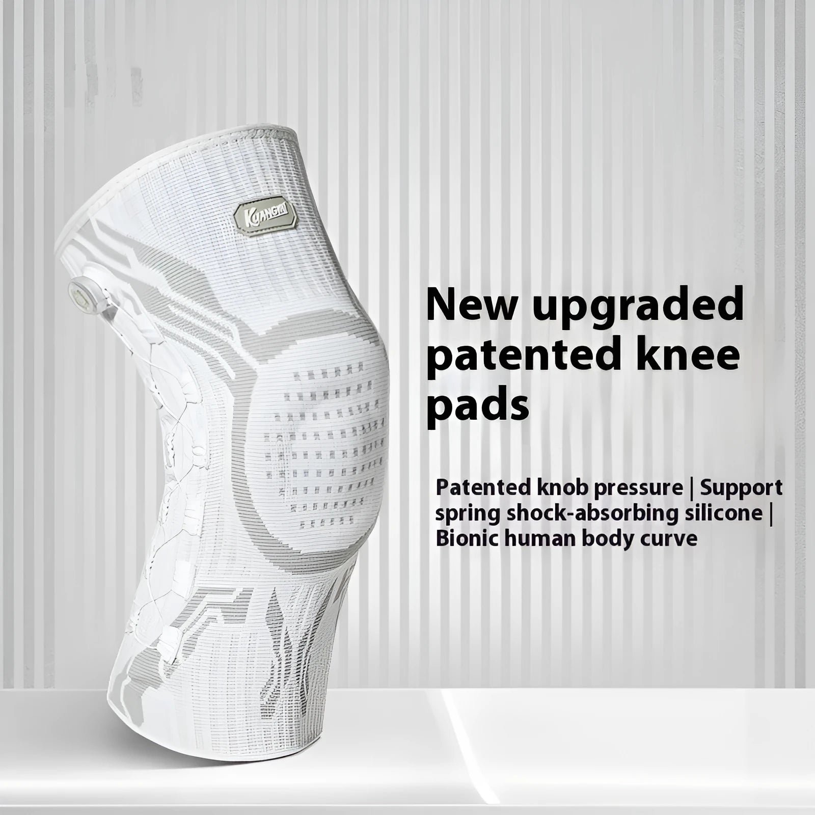 Pair of grey and white professional sports knee pads for basketball, football, running, badminton.
