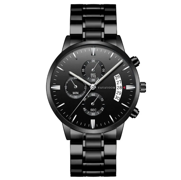 VA VA VOOM men's stainless steel quartz watch with black dial and silver chain, showing calendar feature.