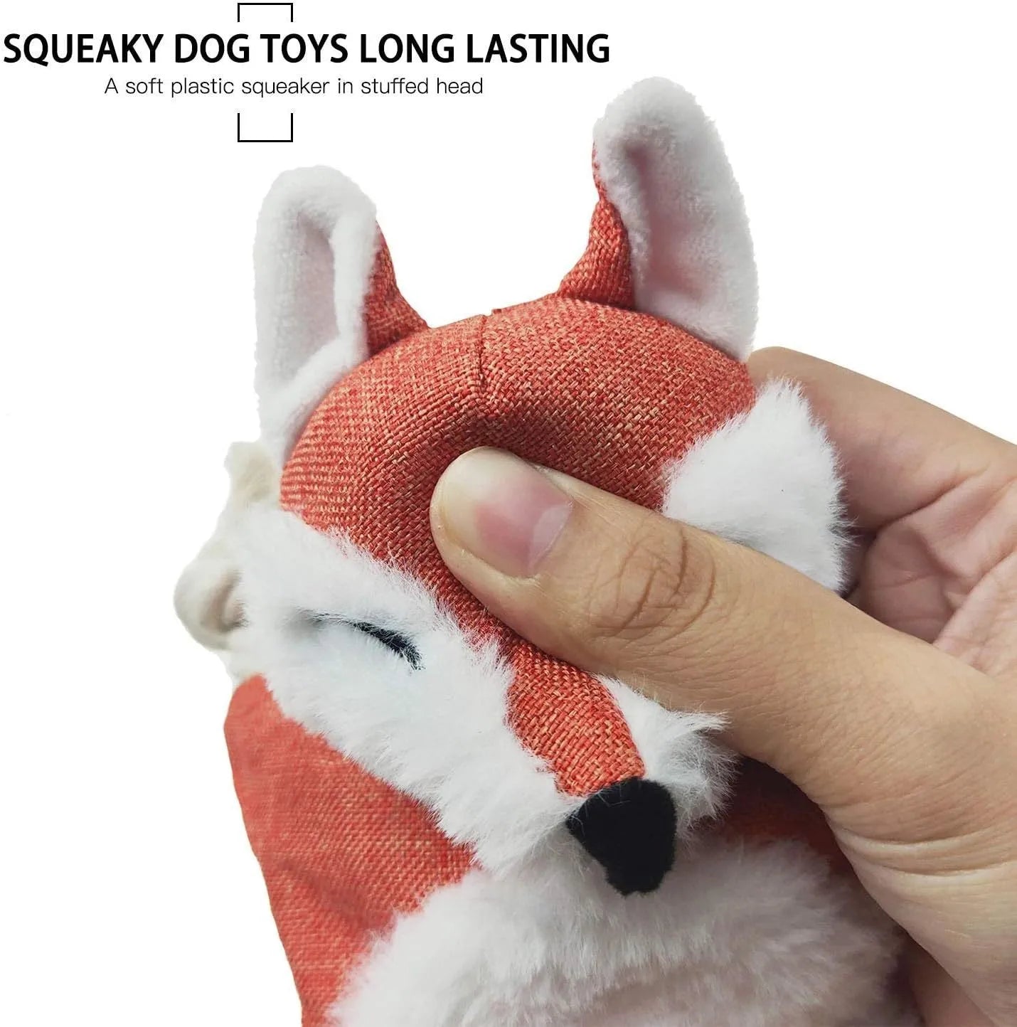 Brown fox dog toy with squeaker, crinkle paper, and cotton rope through limbs
