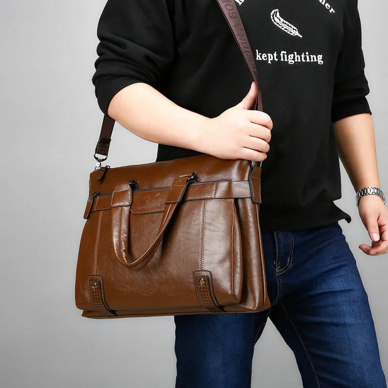 Men's PU leather 14-inch business shoulder bag in black, brown or khaki with three straps and multiple pockets