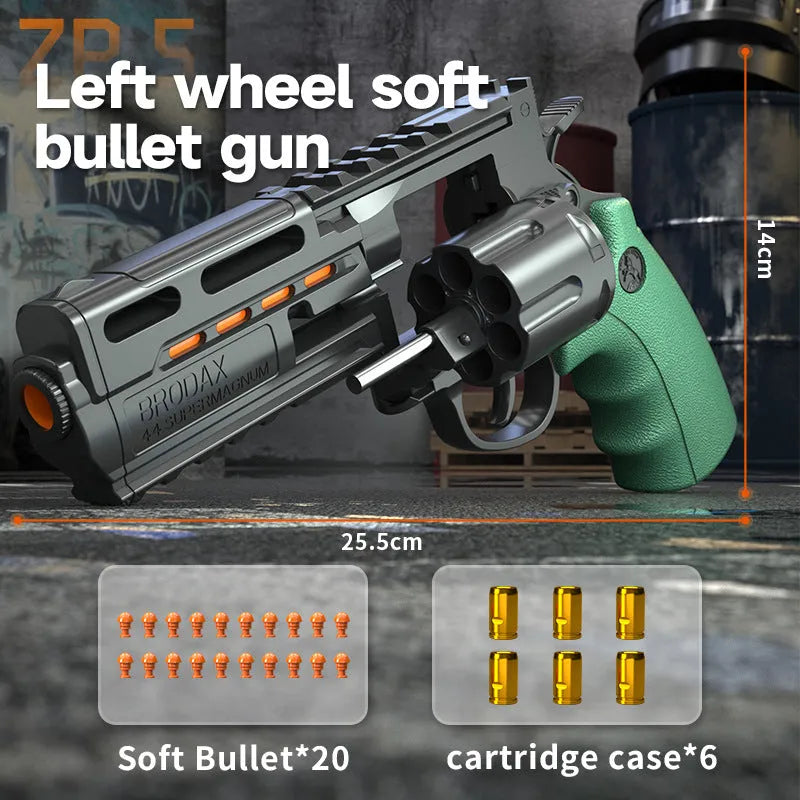 Plastic revolver soft bullet gun with 20 bullets and 6 cartridge cases in army green colour box