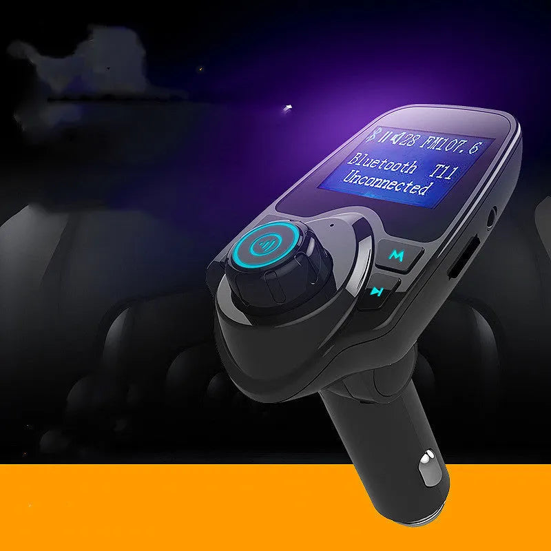 Black car Bluetooth hands-free kit with FM transmitter, USB port, and TF card slot plugged into a 12V socket.