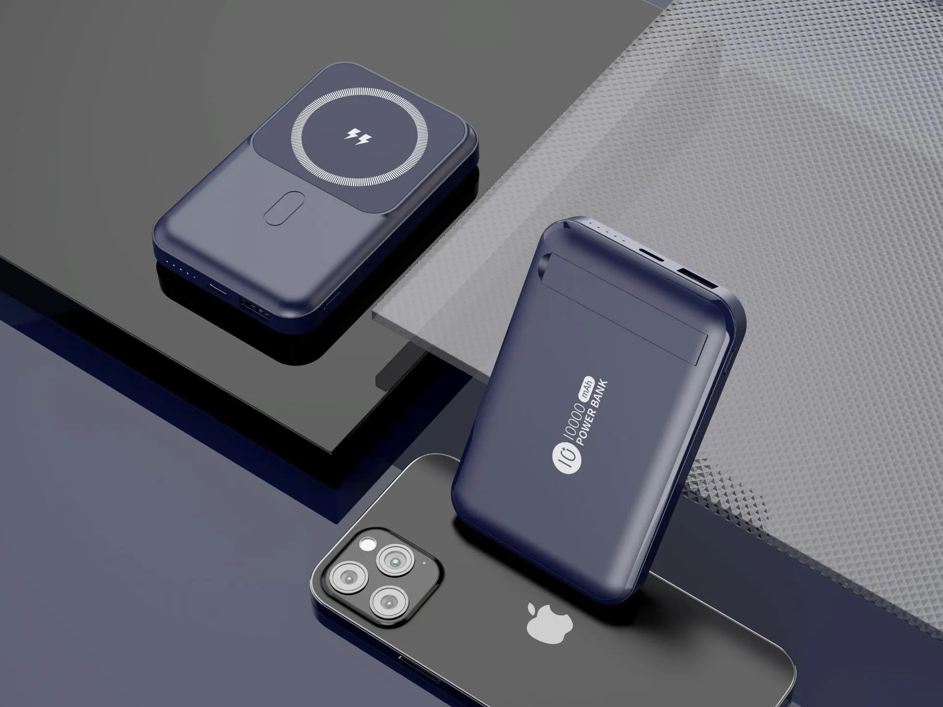 Magnetic wireless charging power bank with folding stand unfolded, shown in navy blue colour.
