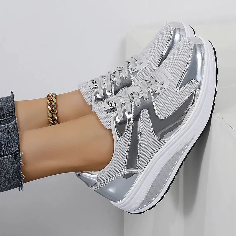 Women's gold mesh platform trainers with cross-strap and thick rubber sole