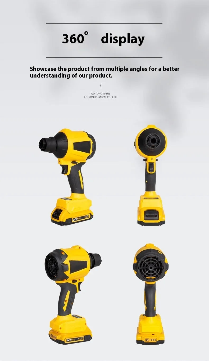Yellow handheld lithium battery dust blower and suction gun for office and home cleaning.