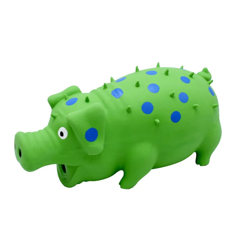 Blue latex pig-shaped dog chew toy with protruding grains and squeaker for aggressive chewers