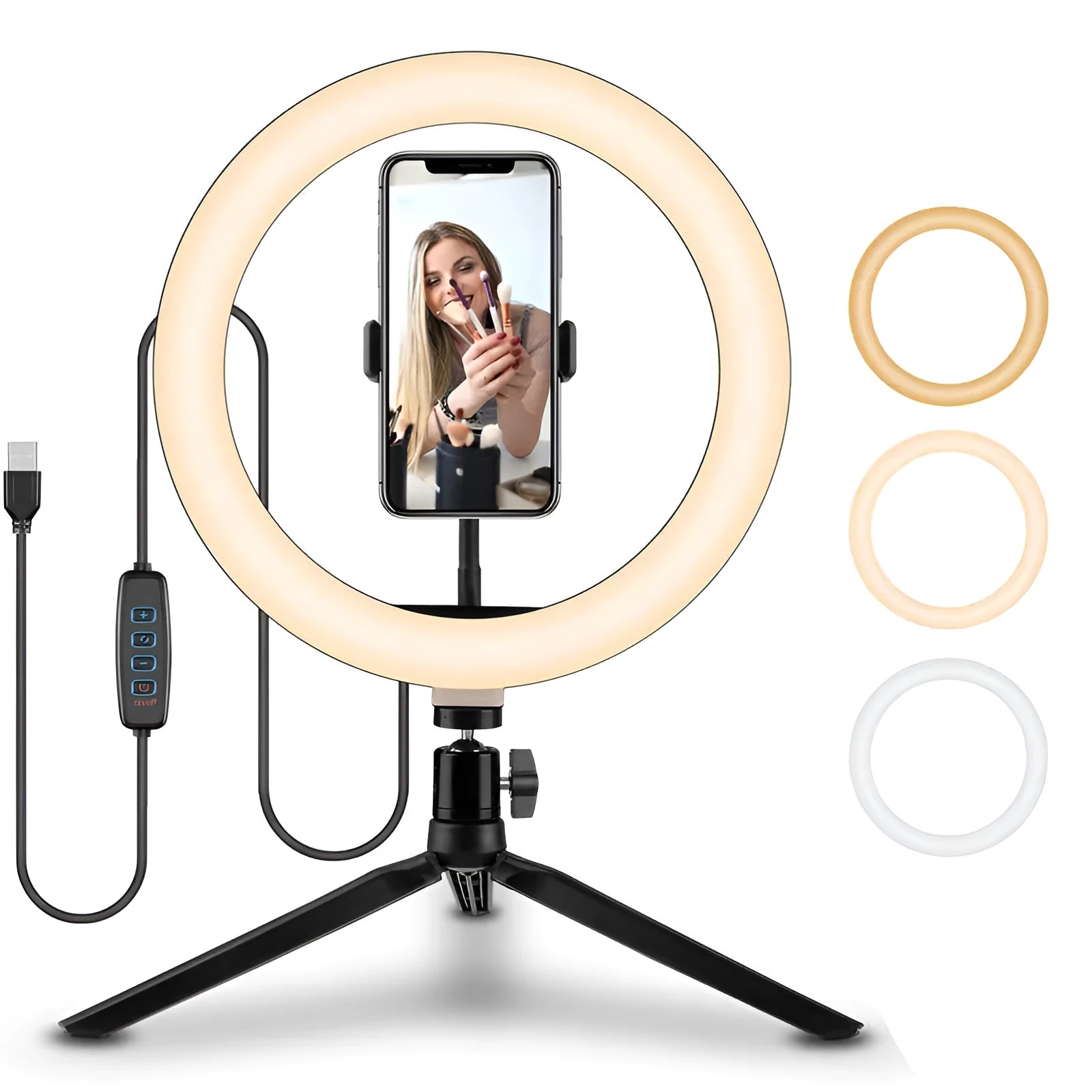 10-inch ring selfie beautifying light mounted on a 19cm metal stand bracket.