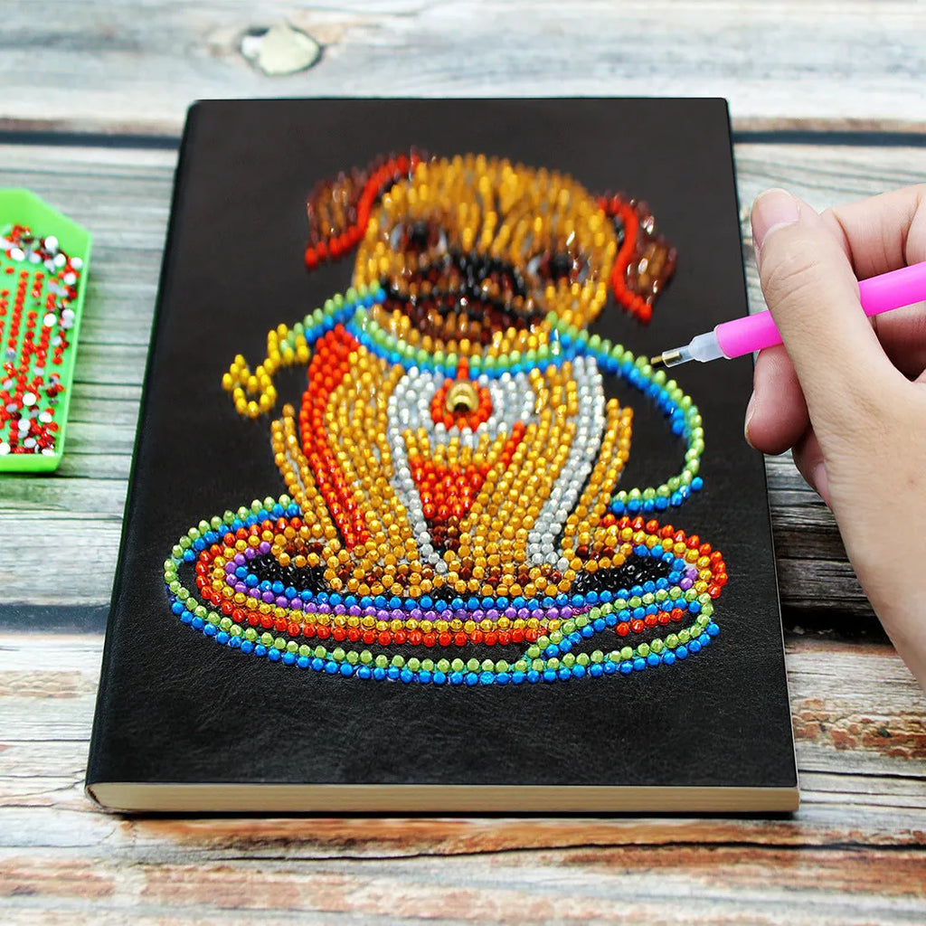 Black A5 diamond painting notebook showing dimensions of 142x207mm with 50 blank pages