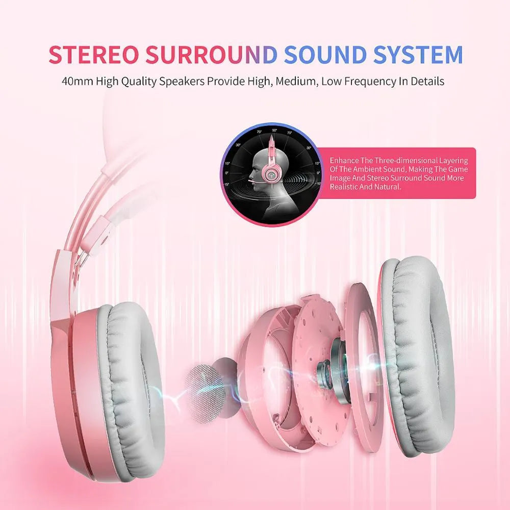 G951s pink cat ear gaming headset with 3.5mm plug, built-in mic, and adjustable headband