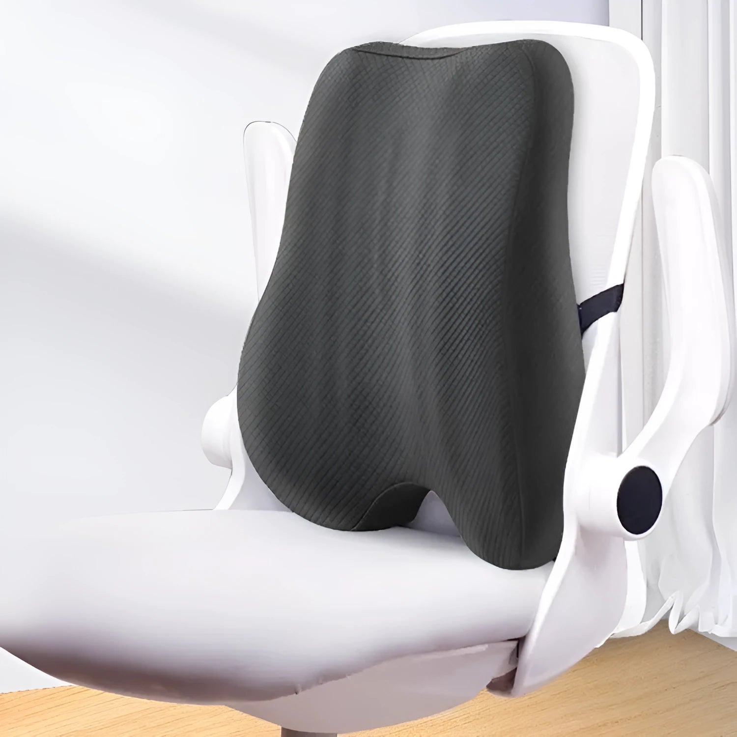 Grey lumbar support cushion for office chair measuring 40x40x8cm